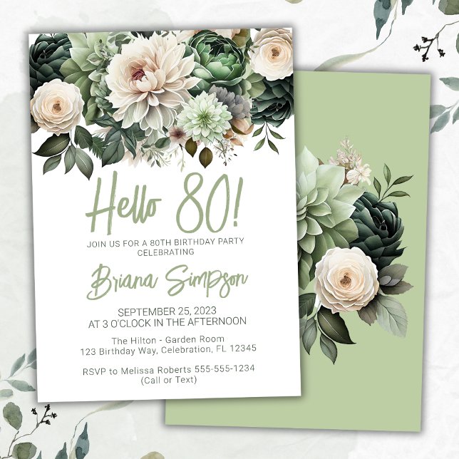 Invitation Fête d'anniversaire 80 ans vert sauge floral (Créateur téléchargé)