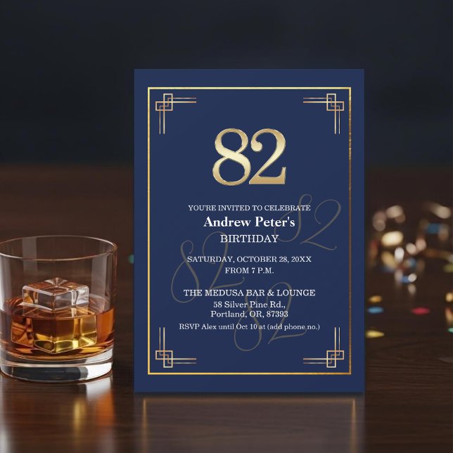Invitation Fête d'anniversaire 82 ans Elegant Blue Gold (Créateur téléchargé)