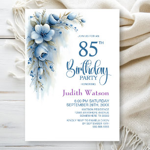 Invitation Fête d'anniversaire 85 ans à motif floral bleu