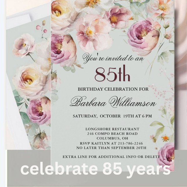 Invitation Fête d'anniversaire 85 ans aux fleurs peintes élég (Créateur téléchargé)