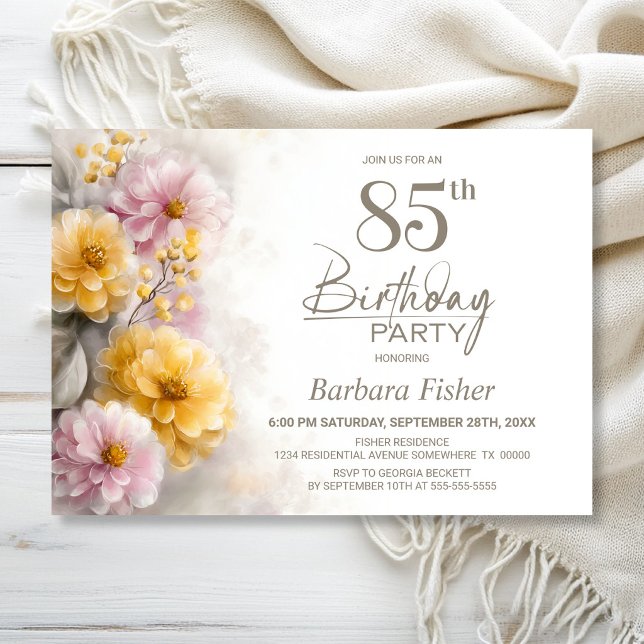 Invitation Fête d'anniversaire 85 ans aux fleurs roses et ora (Créateur téléchargé)