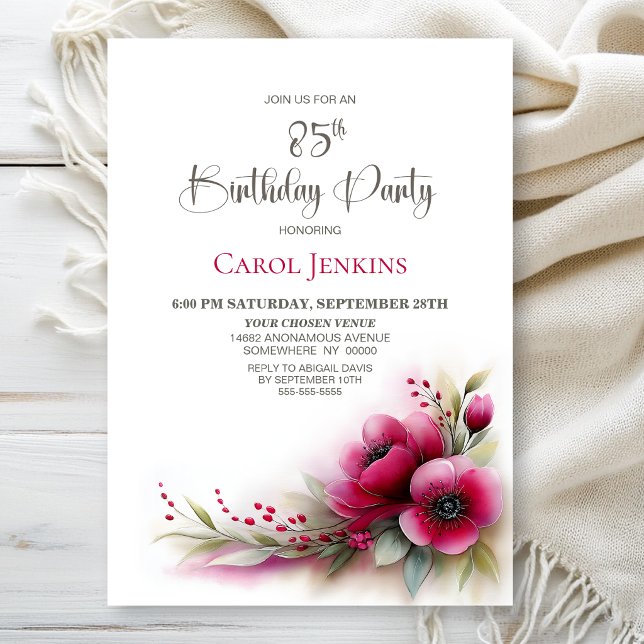 Invitation Fête d'anniversaire 85 ans aux fleurs roses vibran (Créateur téléchargé)