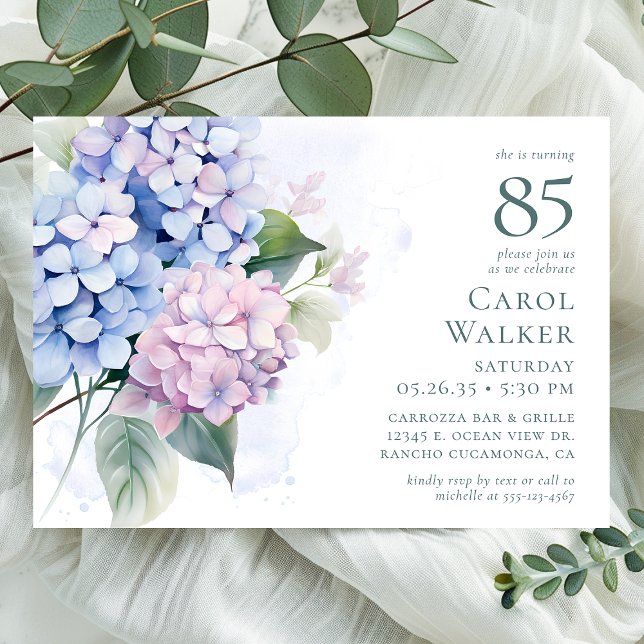 Invitation Fête d'anniversaire 85 ans aux Hydrangeas Rose Ble (Créateur téléchargé)