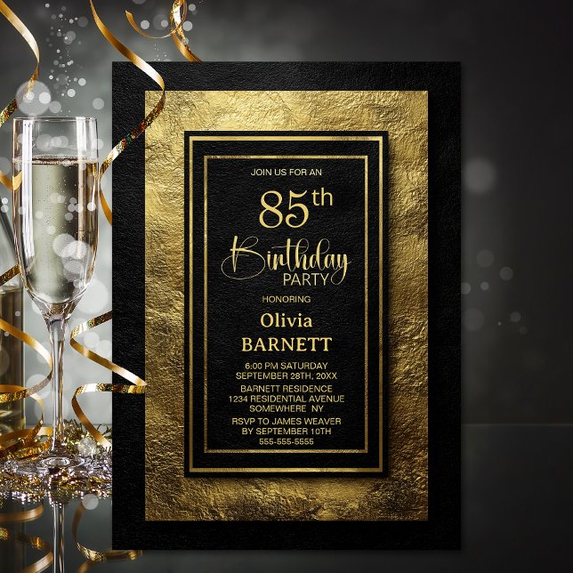 Invitation Fête d'anniversaire 85 ans élégante noir or (Créateur téléchargé)
