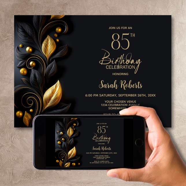 Invitation Fête d'anniversaire 85 ans Feuilles Noires et Doré (Créateur téléchargé)