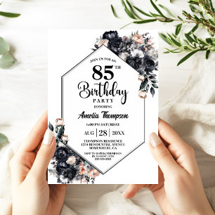 Invitation Fête d'anniversaire 85 ans Fleur noir à l'aquarell