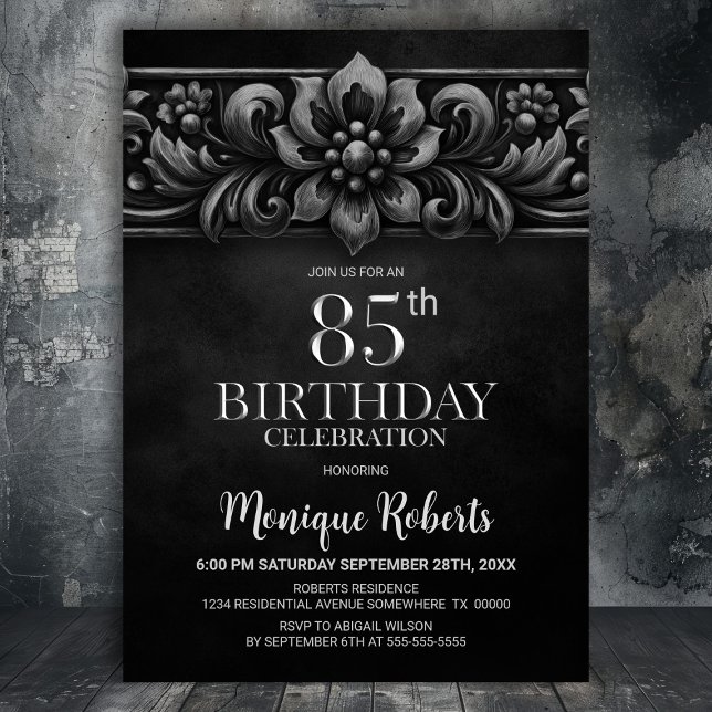 Invitation Fête d'anniversaire 85 ans Fleur Vintage Noir (Créateur téléchargé)