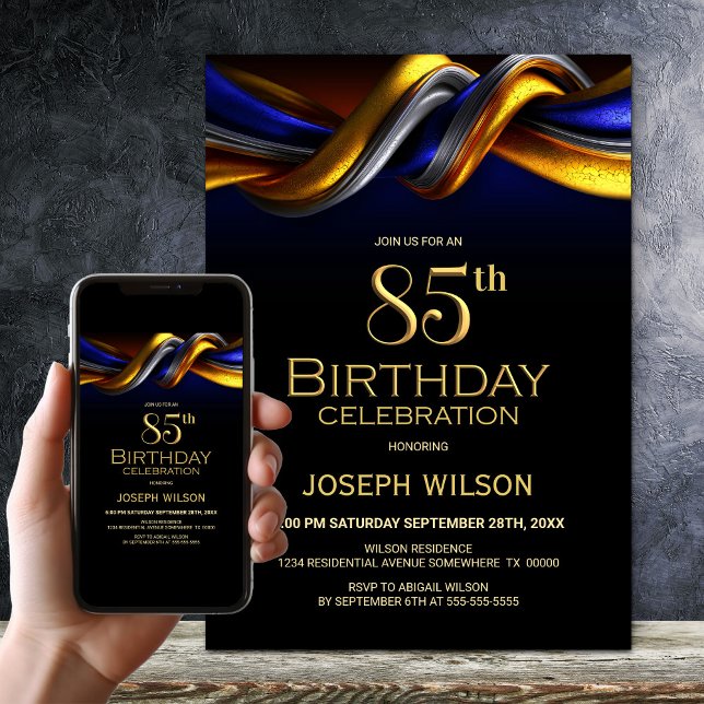Invitation Fête d'anniversaire 85 ans moderne bleu et or (Créateur téléchargé)