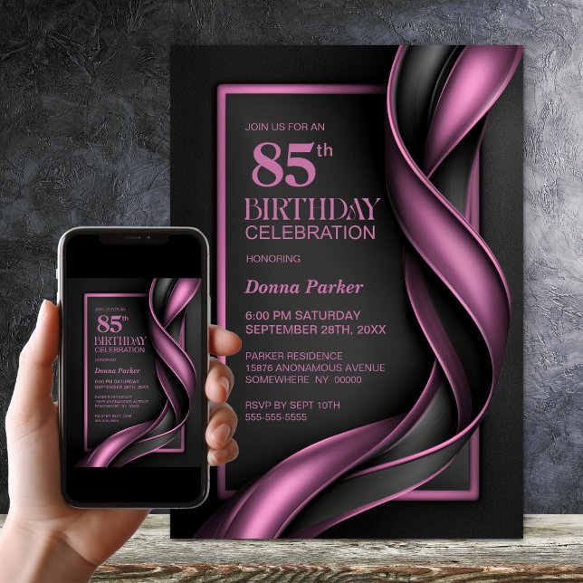 Invitation Fête d'anniversaire 85 ans moderne noir et rose (Créateur téléchargé)