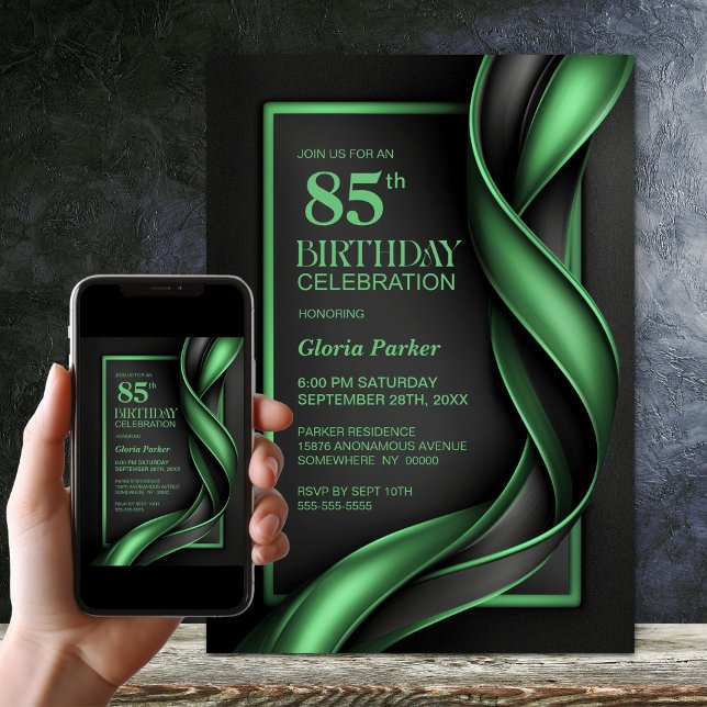 Invitation Fête d'anniversaire 85 ans moderne noir et vert (Créateur téléchargé)