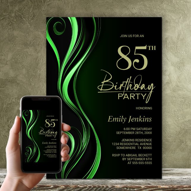 Invitation Fête d'anniversaire 85 ans moderne noire et verte (Créateur téléchargé)