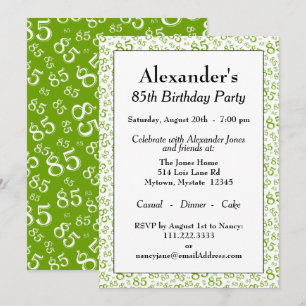 Invitation Fête d'anniversaire 85 ans motif de nombres Vert/B