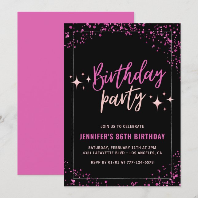 Invitation Fête d'anniversaire 86 ans Glitter Glam Rose Noir (Devant / Derrière)
