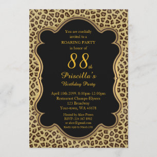 Invitation Fête d'anniversaire 88e,Cheetah, Black & Gold