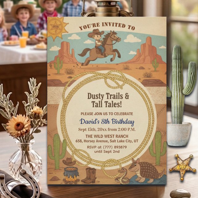 Invitation Fête d'anniversaire 8 ans Cowboy Mignon avec Cheva (Créateur téléchargé)