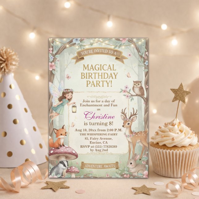 Invitation Fête d'anniversaire 8 ans Fée Animaux de la forêt (Créateur téléchargé)