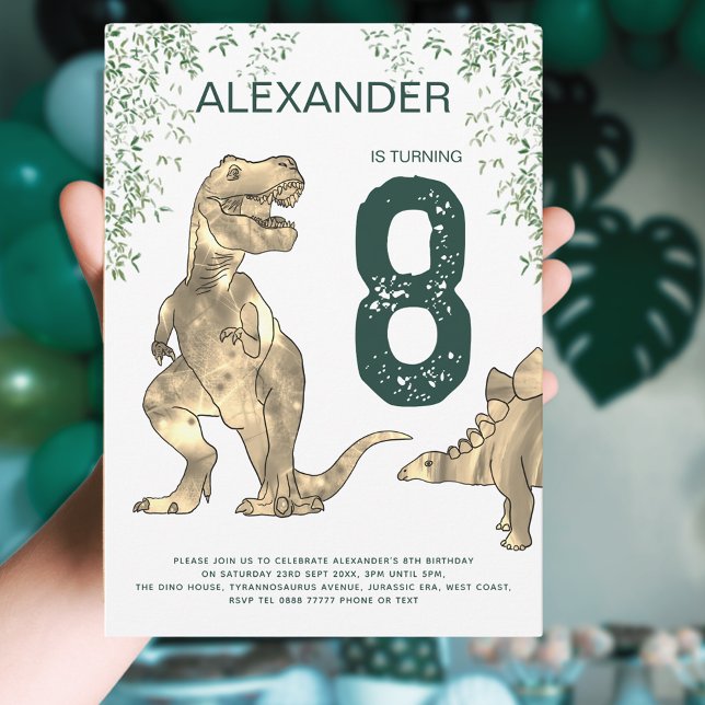 Invitation Fête d'anniversaire 8 ans Jungle de Dinosaures Ver (Dinosaur T-Rex jungle 8th birthday party invitation green and brown stegosaurus and tyrannosaurus )