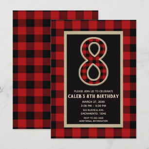 Invitation Fête d'anniversaire 8 ans Plaid Buffalo Rouge Noir