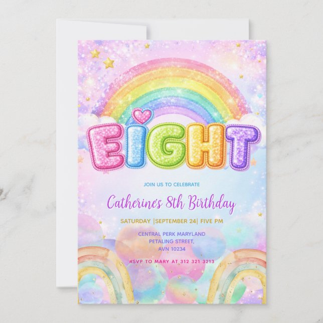 Invitation Fête d'anniversaire 8 ans Sparkle Rainbow (Devant)