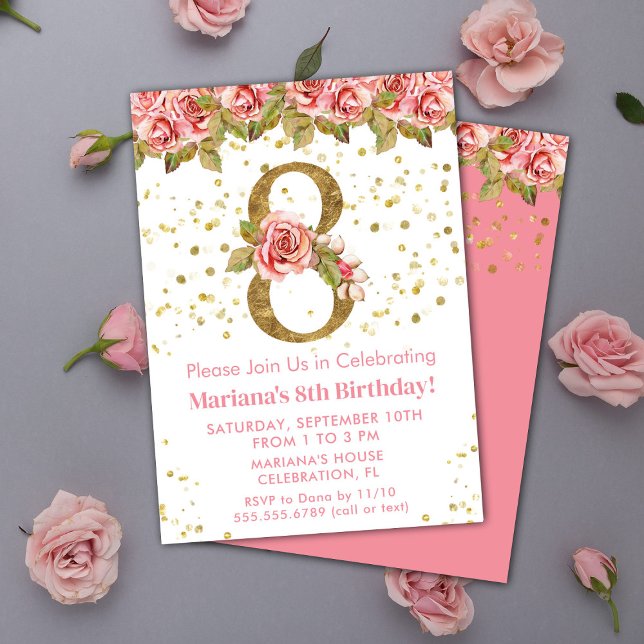 Invitation Fête d'anniversaire 8 ans thème Roses roses (Créateur téléchargé)
