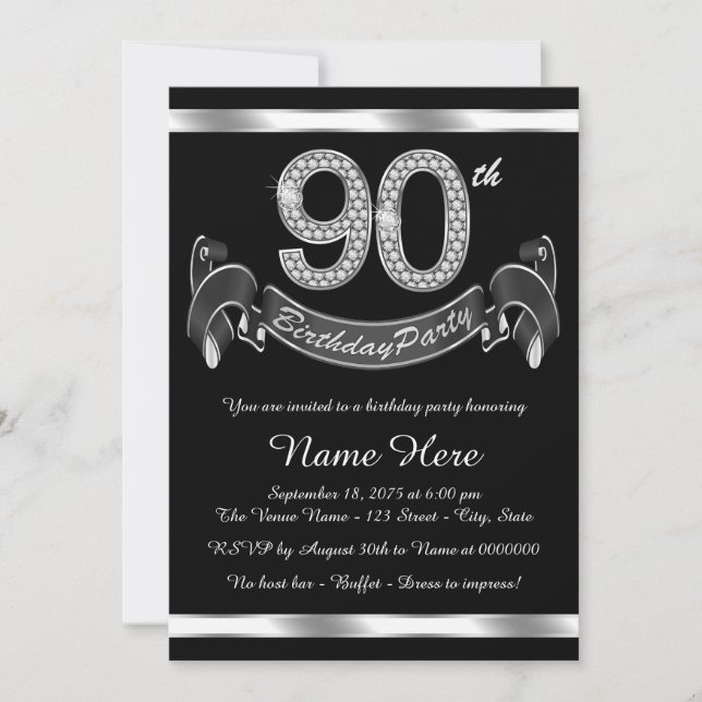 Invitation Fête d'anniversaire 90 ans argentée (Devant)