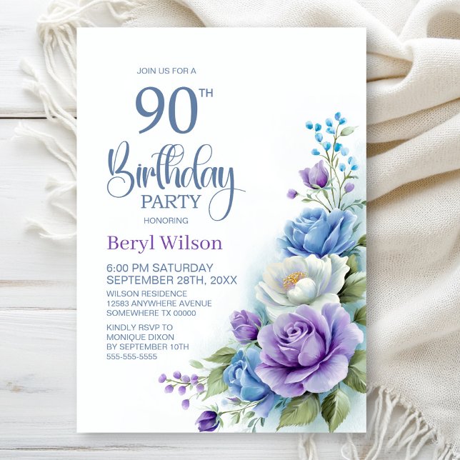 Invitation Fête d'anniversaire 90 ans aux fleurs violettes et (Créateur téléchargé)