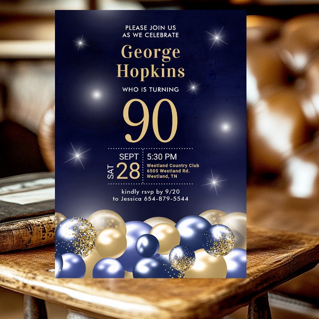 Invitation Fête d'anniversaire 90 ans Ballons Bleu Nuit Or  (Créateur téléchargé)