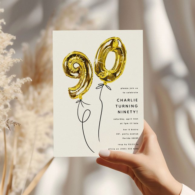 Invitation Fête d'anniversaire 90 ans Balloon Or Minimal 90 (Créateur téléchargé)