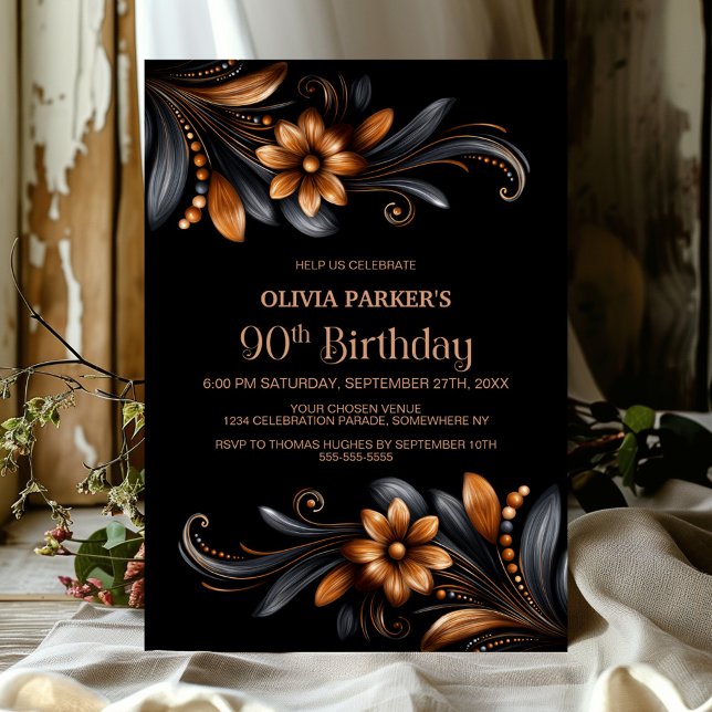 Invitation Fête d'anniversaire 90 ans Black Orange Floral (Créateur téléchargé)