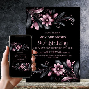 Invitation Fête d'anniversaire 90 ans Black Pink Floral