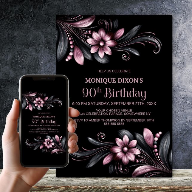 Invitation Fête d'anniversaire 90 ans Black Pink Floral (Créateur téléchargé)
