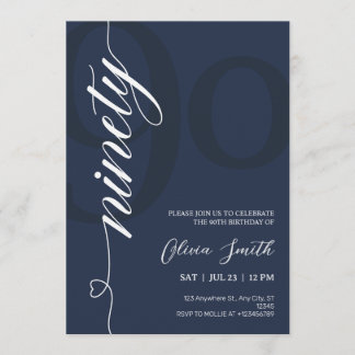 Invitation Fête d'anniversaire 90 ans Bleu Nuit et Blanc Mode