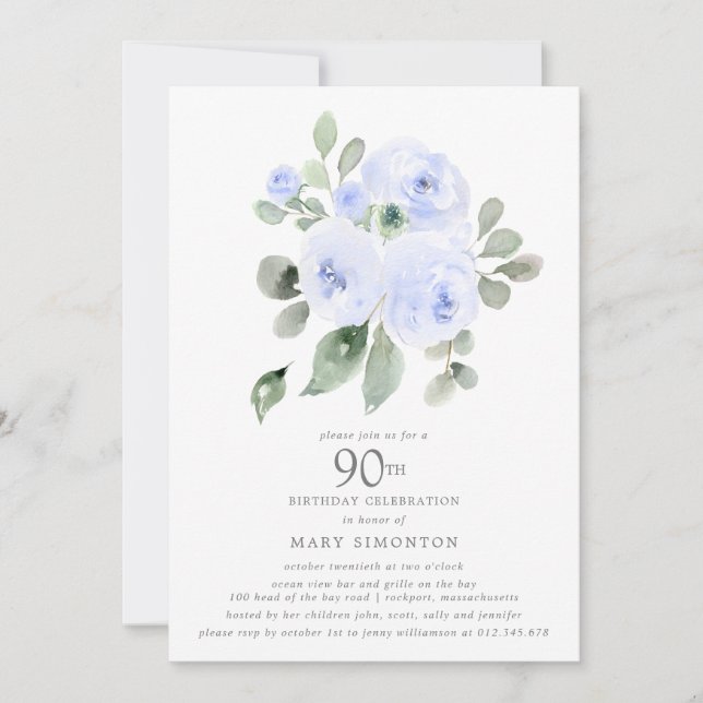 Invitation Fête d'anniversaire 90 ans Blue Floral Eucalyptus (Devant)