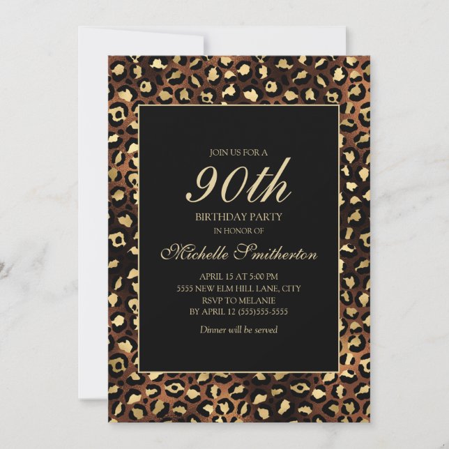 Invitation Fête d'anniversaire 90 ans Bronze Or Noir Léopard (Devant)