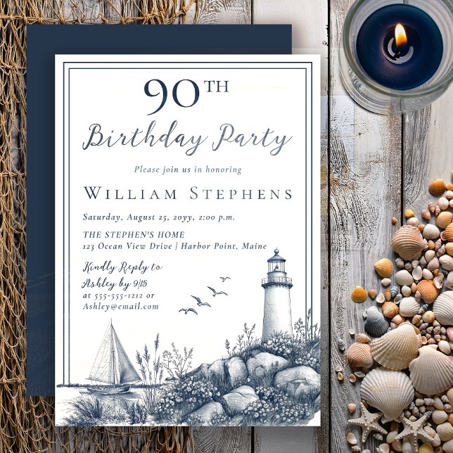 Invitation Fête d'anniversaire 90 ans du phare côtier élégant (Elegant coastal lighthouse 90th birthday invitation with timeless New England seaside charm.)