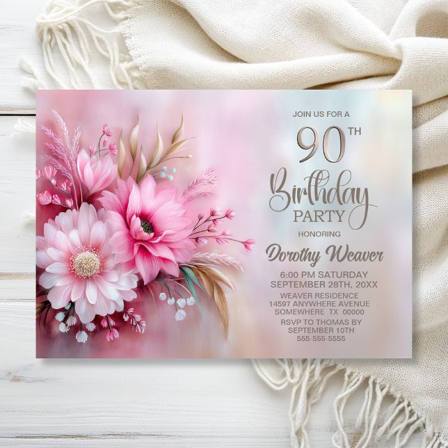 Invitation Fête d'anniversaire 90 ans Élégante Fleur Rose (Créateur téléchargé)
