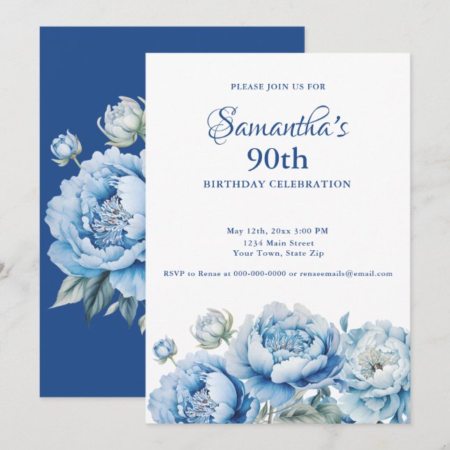 Invitation Fête d'anniversaire 90 ans Fleur bleue aquarelle (Devant / Derrière)