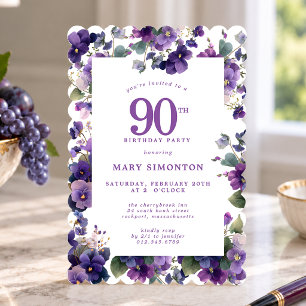 Invitation Fête d'anniversaire 90 ans Fleur Violet Pourpre