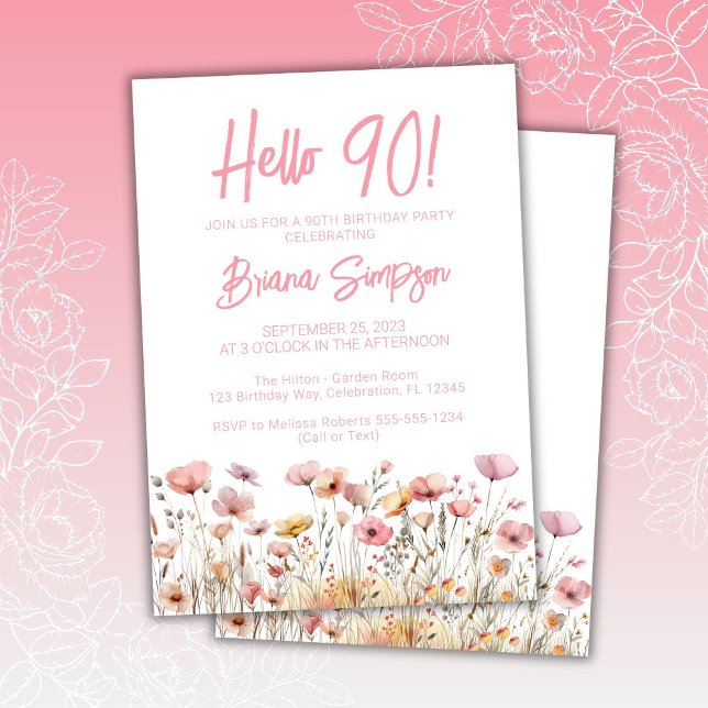 Invitation Fête d'anniversaire 90 ans fleurs roses (Créateur téléchargé)