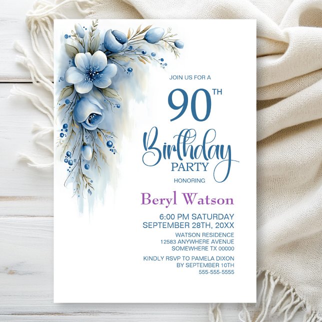 Invitation Fête d'anniversaire 90 ans Floral Bleu (Créateur téléchargé)