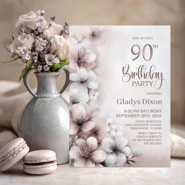 Invitation Fête d'anniversaire 90 ans Floral Rose Pâle (Créateur téléchargé)