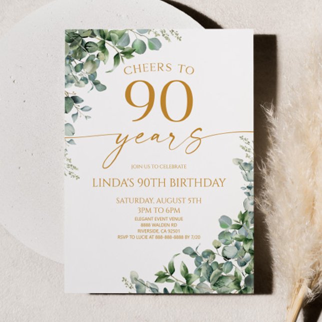 Invitation Fête d'anniversaire 90 ans Green Eucalyptus Gold (Créateur téléchargé)