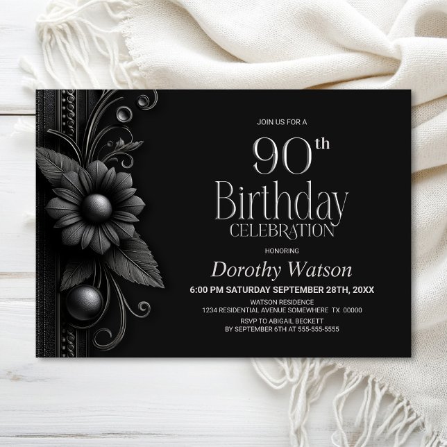 Invitation Fête d'anniversaire 90 ans Grey Flower (Créateur téléchargé)
