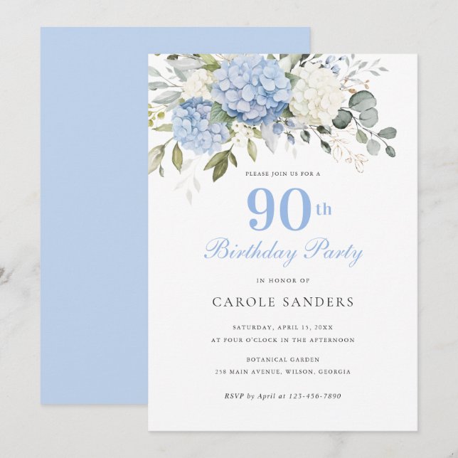 Invitation Fête d'anniversaire 90 ans Hydrangea Bleu Floral (Devant / Derrière)