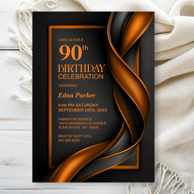 Invitation Fête d'anniversaire 90 ans moderne noir et orange (Créateur téléchargé)