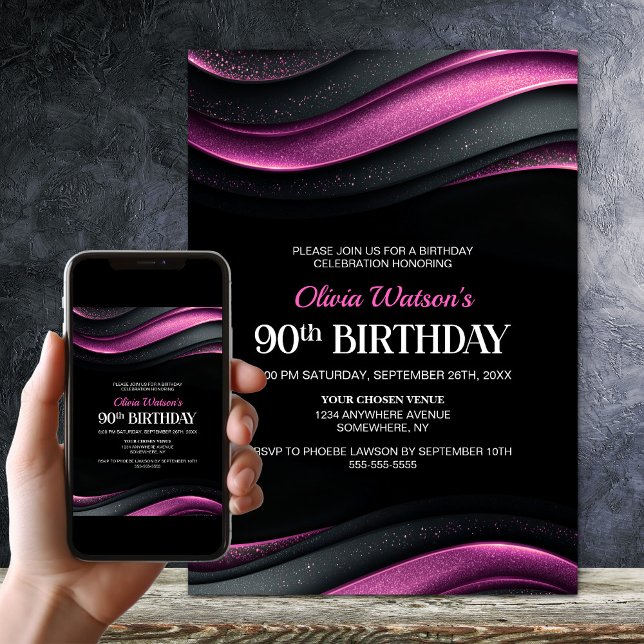 Invitation Fête d'anniversaire 90 ans moderne noir et rose (Créateur téléchargé)