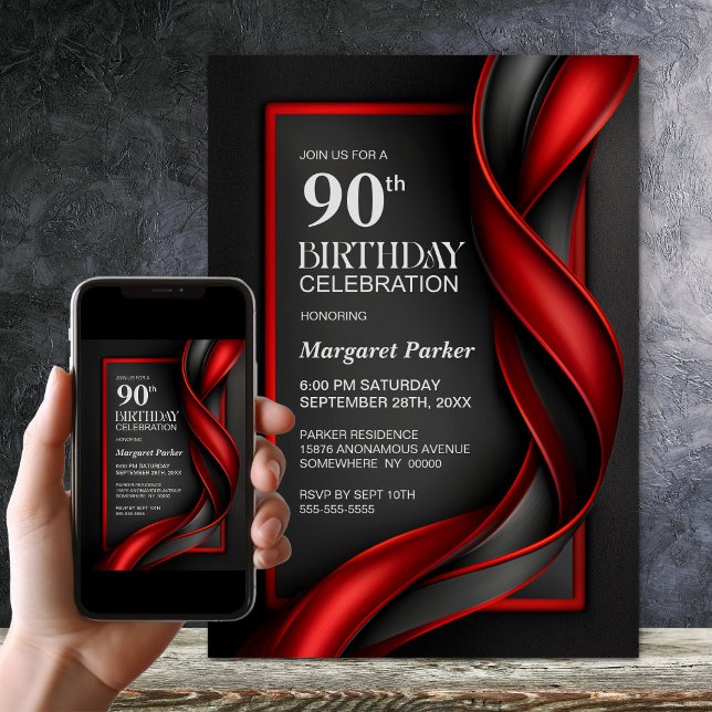 Invitation Fête d'anniversaire 90 ans moderne noir et rouge (Créateur téléchargé)