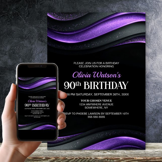 Invitation Fête d'anniversaire 90 ans moderne noir et violet (Créateur téléchargé)