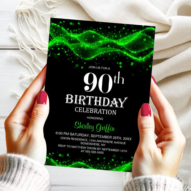 Invitation Fête d'anniversaire 90 ans moderne noire et verte (Créateur téléchargé)