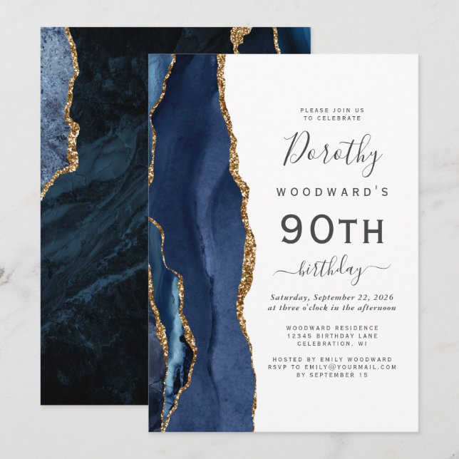 Invitation Fête d'anniversaire 90 ans Navy Blue Gold Agate (Devant / Derrière)